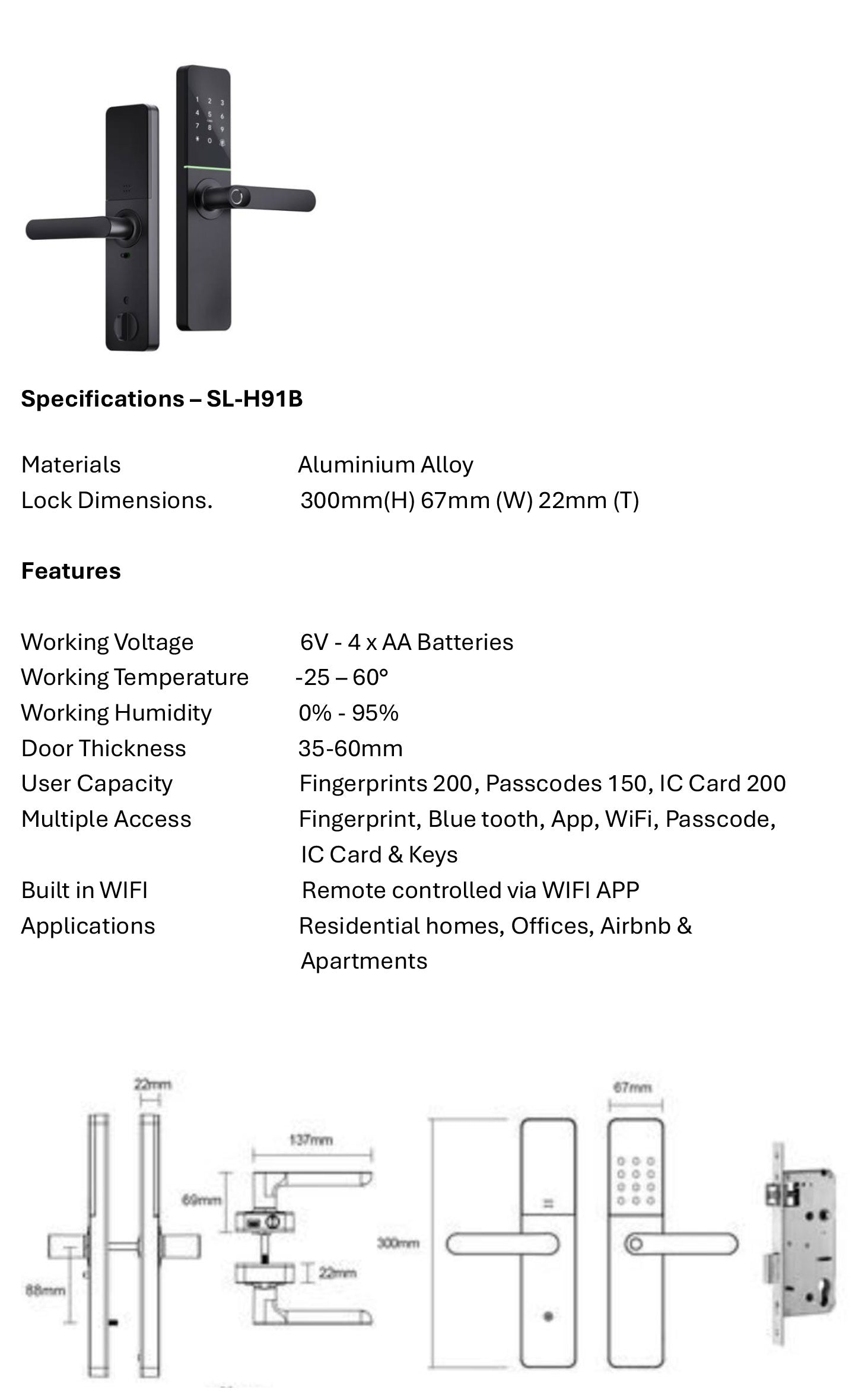 SL-H91B-BLK Smart 5-IN-1 Lever Mortise Lock - Black