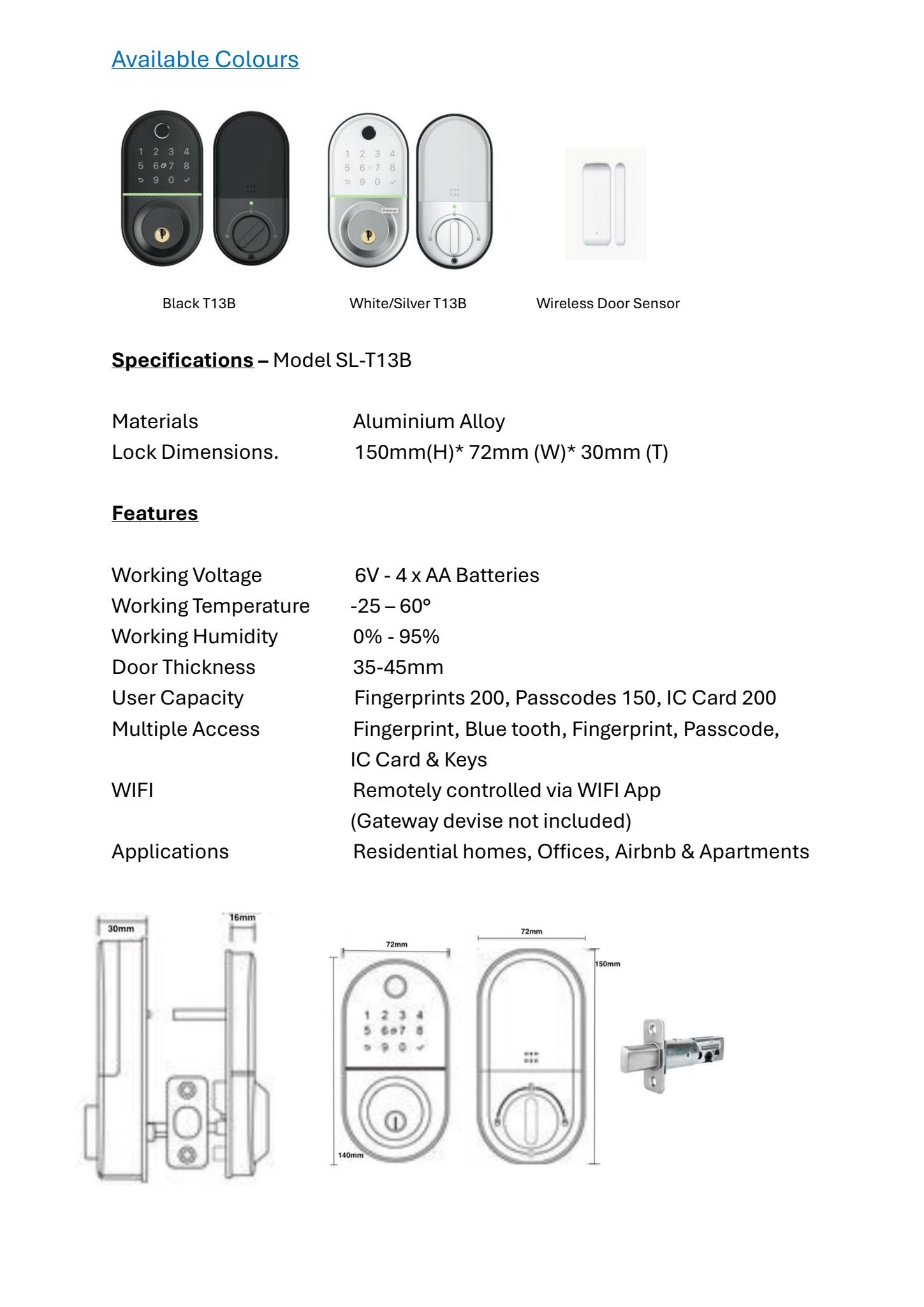 SL-T13B Smart 5-IN-1 Dead Lock - Black